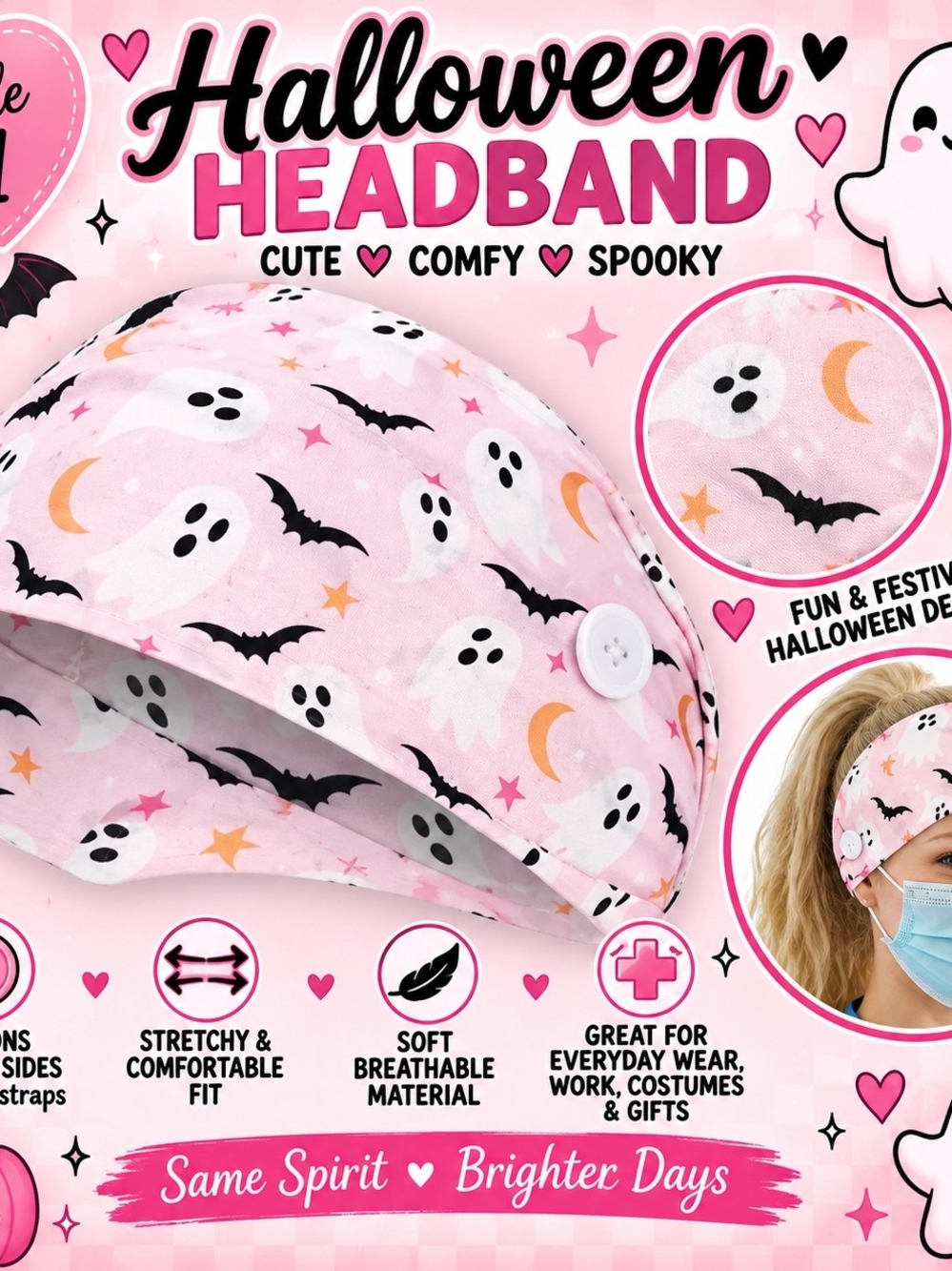 Pink Halloween Headband - Pink Ghost & Bat Print